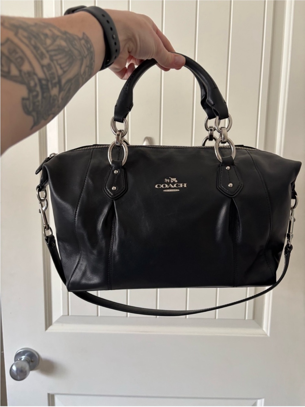 Coach Colette Black Leather Satchel Crossbody Bag F33806 Silver Hardware